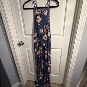 French Grey Navy Blue Floral Maxi Dress with Blush Blooms